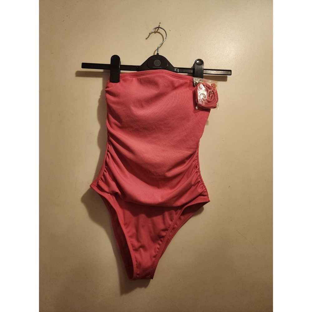 Shade & Shore Pink Ribbed Bandeau One Piece Swimsuit High Leg Cheeky Small 4-6